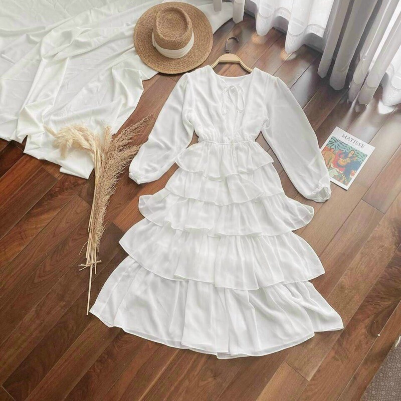 Đầm midi trắng tay phồng