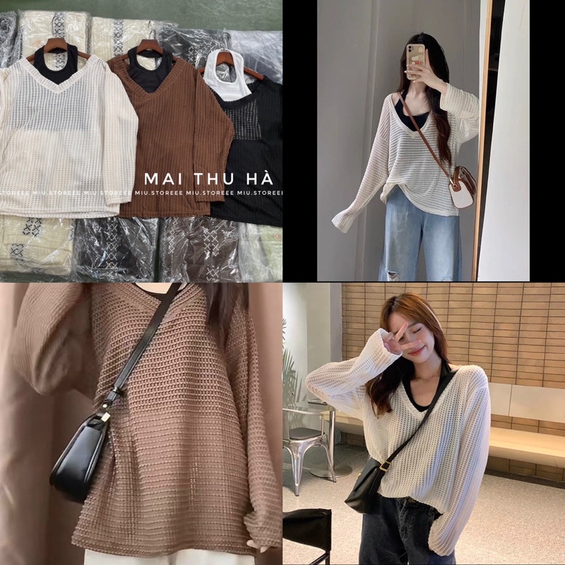 SET HAI MÓN ÁO BRA CỔ YẾM PHỐI ÁO LƯỚI DÀI TAY SHMPLX09