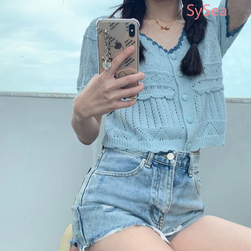 Áo dệt kim ngắn tay thời trang mùa hè nữ tính thanh lịch