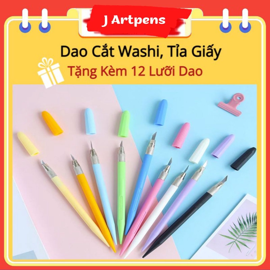 Dao Cắt Washi Tape Tỉa Giấy Gọt Mô Hình Trang Trí Kèm 12 Lưỡi Nhiều Màu Xanh Tím Đen Trắng Vàng Hồng (Shop J-ArtPens)