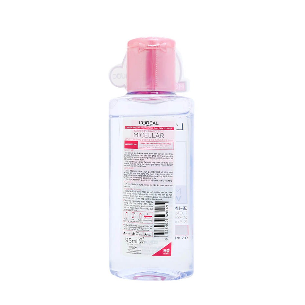 Nước tẩy trang Loreal paris 3 in 1 micellar water 400ml Moisturizing màu hồng cho da khô