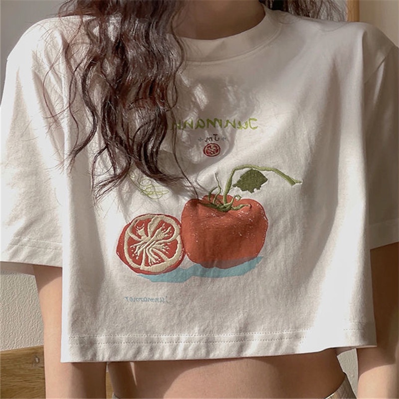 Áo thun croptop SUXI eo cao tay ngắn cổ tròn in hình trái cây đơn giản thời trang mùa hè cho nữ