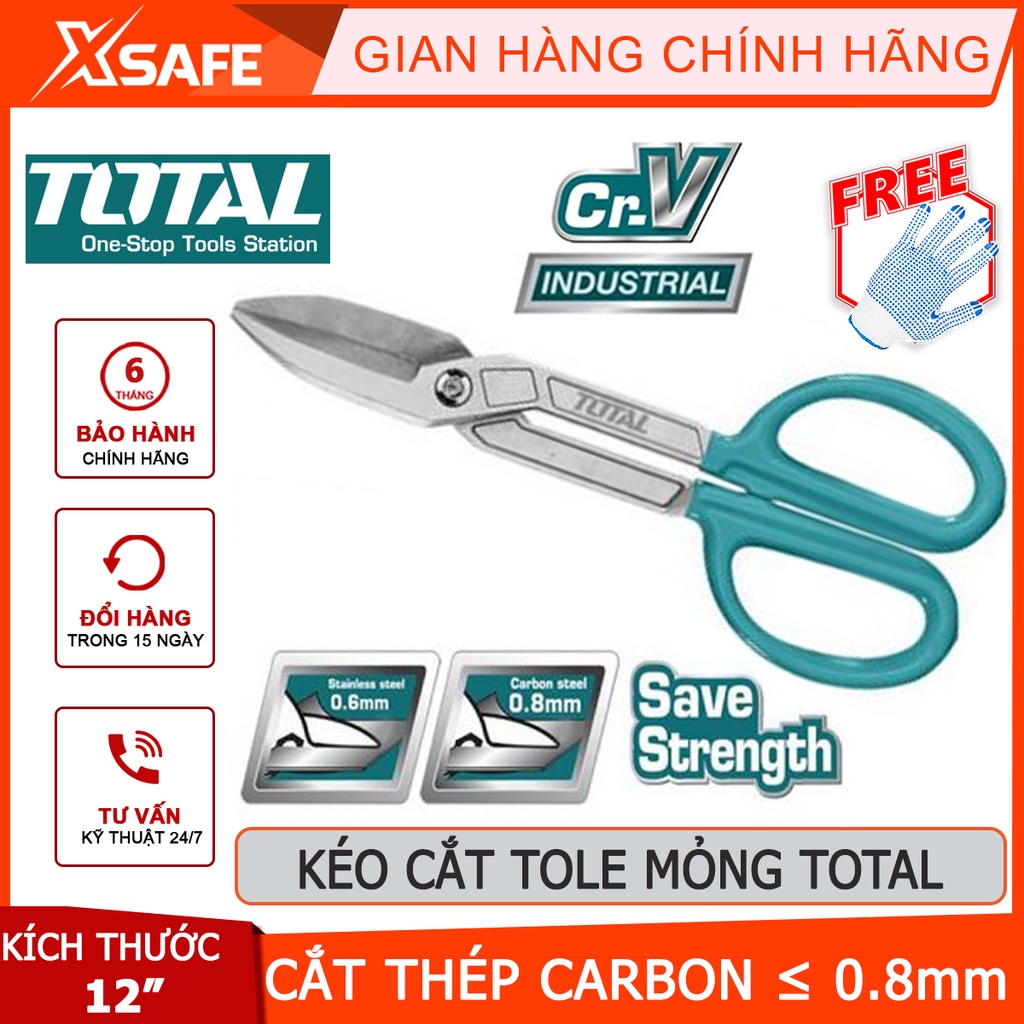 Kéo cắt tole nhỏ TOTAL THTJ534121 Kéo cắt tôn mỏng Kích thước 12 &quot;. Độ dày tối đa Thép carbon ≤0,8mm Thép không gỉ 60,6m