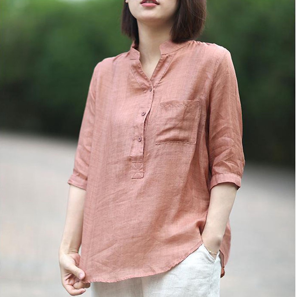Áo sơ mi nữ cổ tầu bổ trụ tay lỡ, chất đũi lụa mềm mát