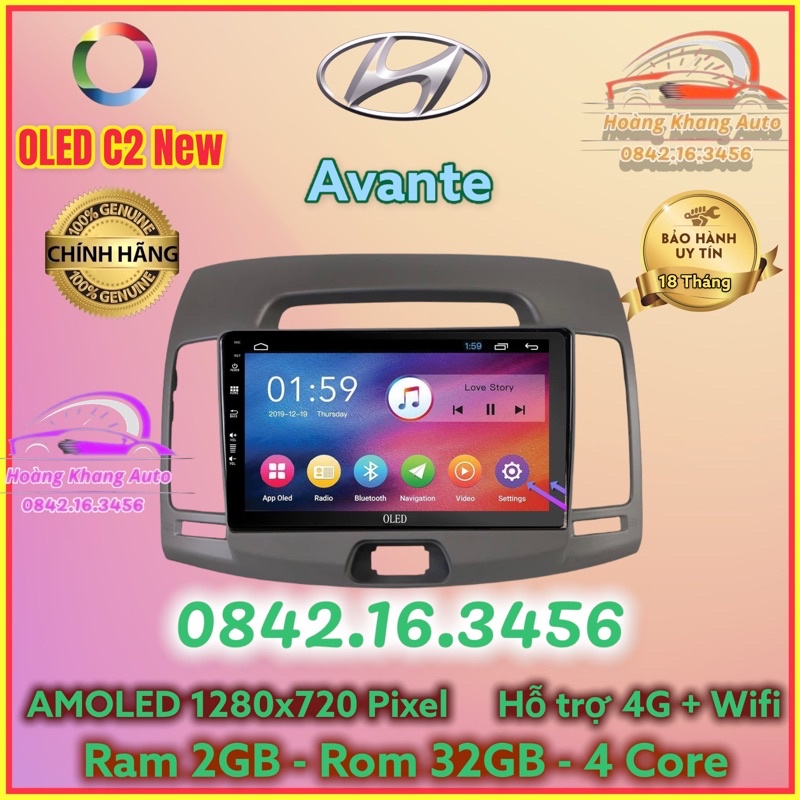 Màn hình Android OLED C2 New Theo Xe AVANTE 9 inch kèm dưỡng và jack zin