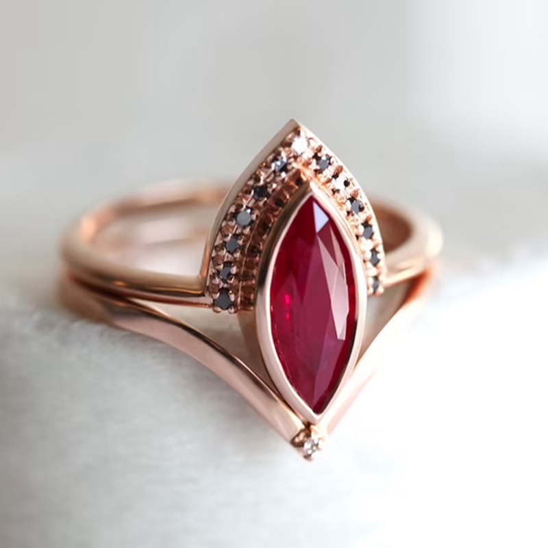 Nhẫn Đính Hôn Vàng Hồng 18K Đính Đá Hồng Ngọc Tự Nhiên 2 Trong 1 Độc Đáo Cho Nữ