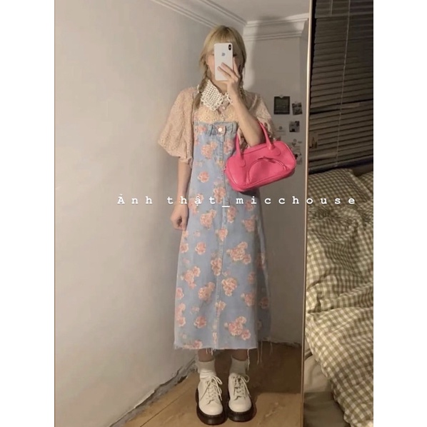Order | Set áo baby tay bồng Hồng Kông + đầm yếm jeans cổ điển hoạ tiết hoa hồng | BigBuy360 - bigbuy360.vn