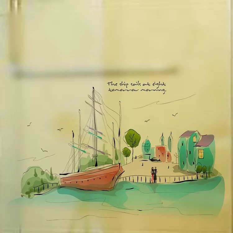 Decal trang trí kính cao cấp mẫu Thuyền lớ và nhà (60cm x 58cm)
