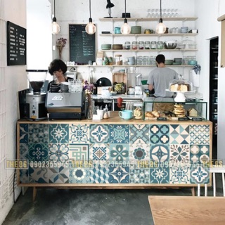 Decal gạch bông dán quầy bar xanh mint