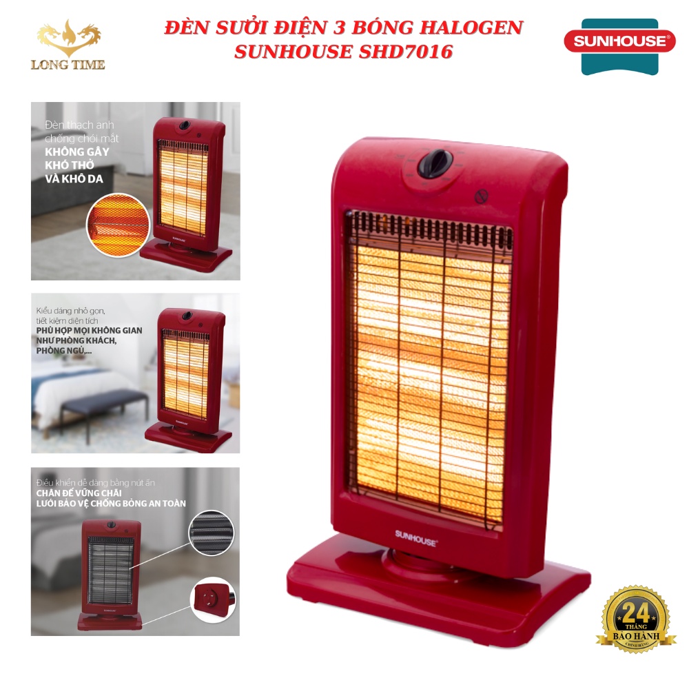 Đèn sưởi điện Sunhouse , máy sưởi ấm SHD7016 , 3 bóng halogen , làm ấm siêu nhanh , xoay đảo chiều , an toàn , bền bỉ