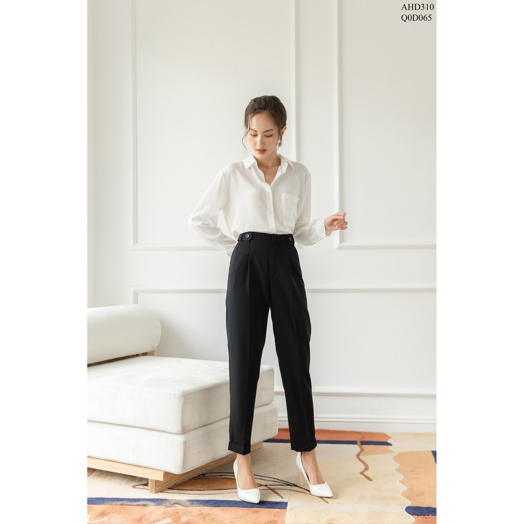 TIIN STORE Sơ mi cổ đức túi ngực tay măng sec vạt tròn AHD310