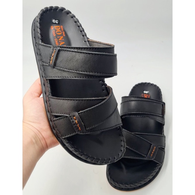 Dép Quai Ngang Nam Da Bò Cao Cấp - 02 Lớp Da Mềm Mại, Kiểu 02 Quai Kép - May Handmade Quai Và Đế Rất Chắc Chắn D.dela