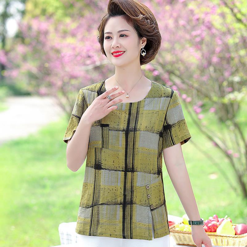 Áo Thun Cotton Lanh Ngắn Tay Kẻ Sọc Cho Phụ Nữ Trung Niên 40 Tuổi