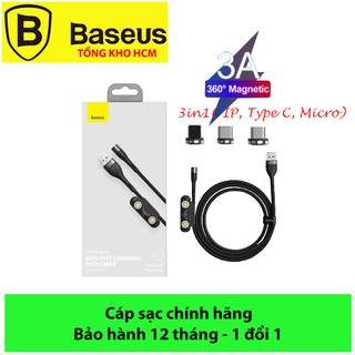 Cáp sạc nam châm Baseus 3 đầu  - Dây sạc từ tính 3 đầu Baseus 3A(Lightning, Type C, Micro) - Sạc nhanh, Đèn LED