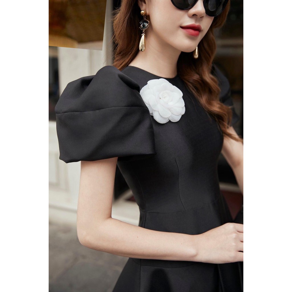 Đầm xoè kiểu tay phồng cổ tròn đính hoa (HÀNG CAO CẤP)