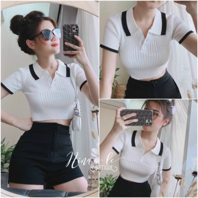 Áo croptop cổ trụ gân đũa sọc to A15 😘