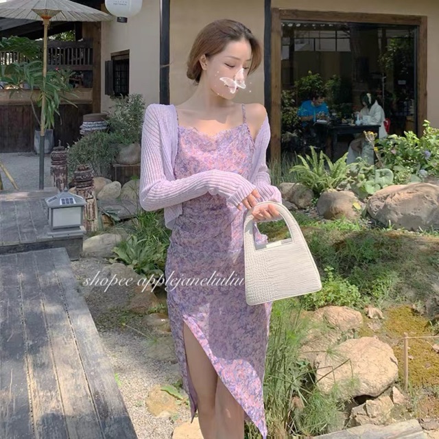 JANE’S Đầm ôm cổ đổ xẻ tà hoa nhí sắc tím quyến rũ - Áo khoác croptop T14