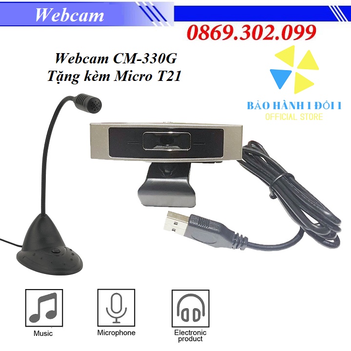 Webcam CM-330G - Webcam học online Tặng kèm Microphone cổ ngỗng nhỏ gọn cho máy tính T21