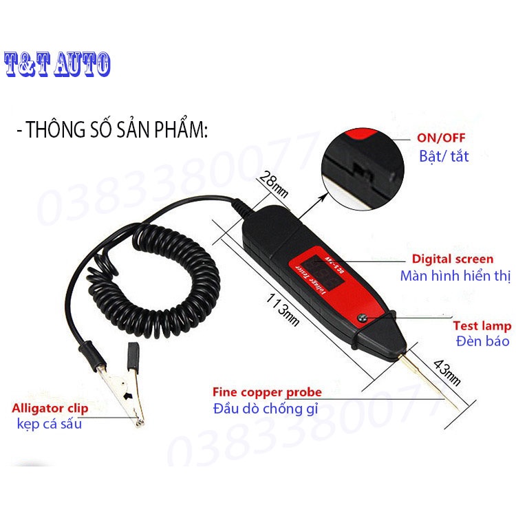 Bút thử điện ô tô, xe máy hiển thị số vôn(5-36v) màn hình LCD kĩ thuật số đèn LED chẩn đoán đa năng.