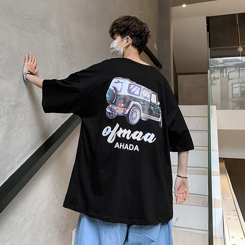 Áo phông nam chất cotton tay lỡ form rộng in hình cá tính