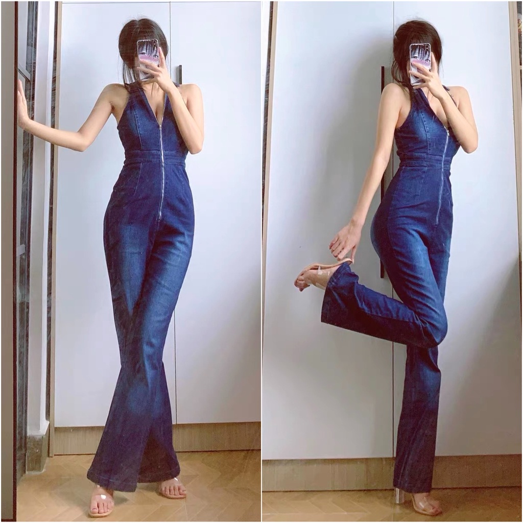 Jumpsuit jeans nữ siêu hack dáng chếch chi - ảnh cận chất, khách feedback