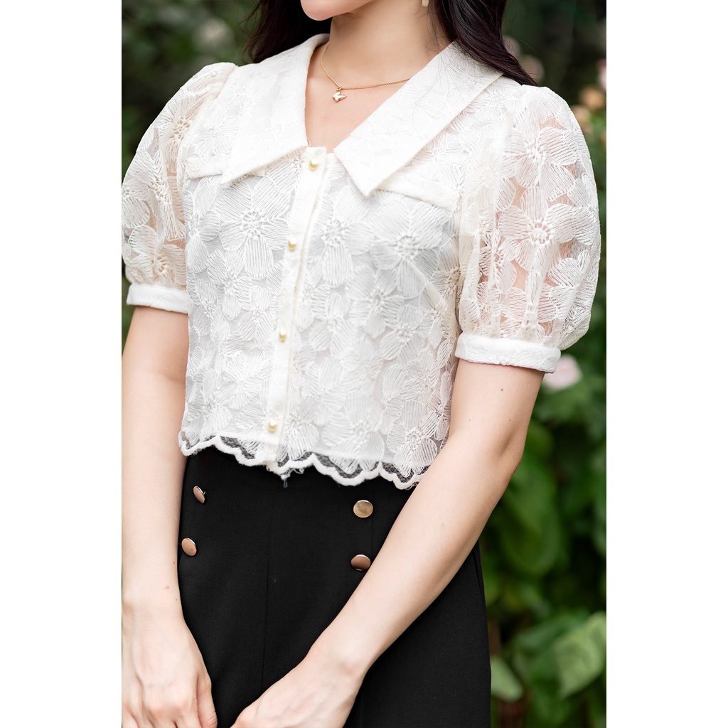 Áo croptop hoa ren nổi kem HT