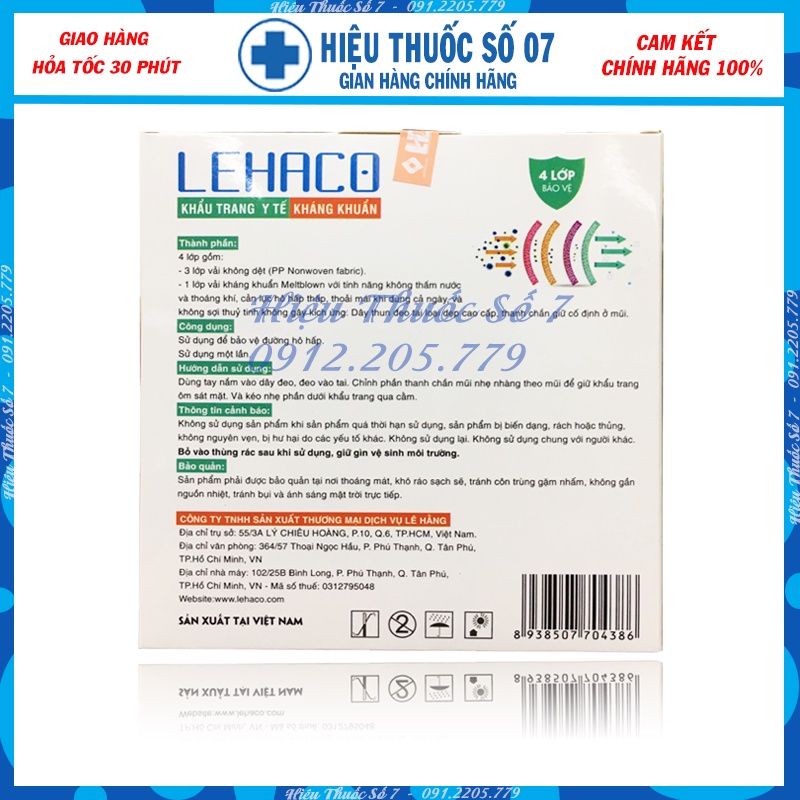 Khẩu trang y tế cao cấp 3D LEHACO chất liệu MeltBlown BFE 98%, 4 lớp, chống bụi bẩn, virus(hộp 10 cái)