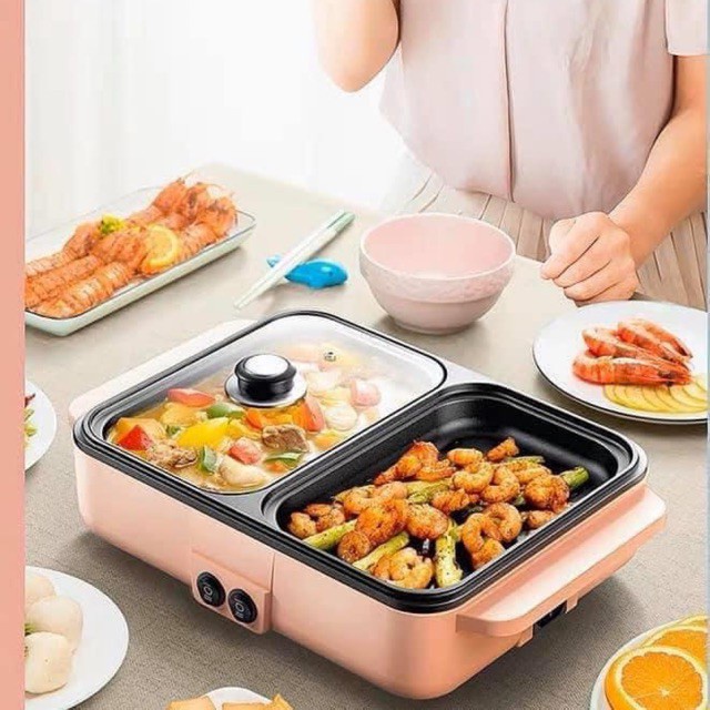 Nồi Lẩu Nướng Đa Năng Mini 2in1 Cắm Điện Nhỏ Xinh Tiện Lợi Màu Hồng Cute