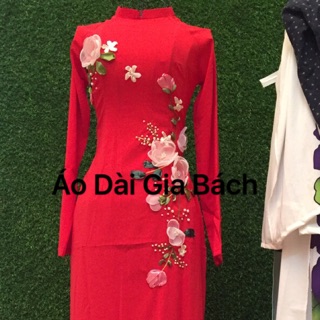 Áo dài thêu ruy băng lụa nhật quần đồng chất hàng cao cấp 350/1 bộ