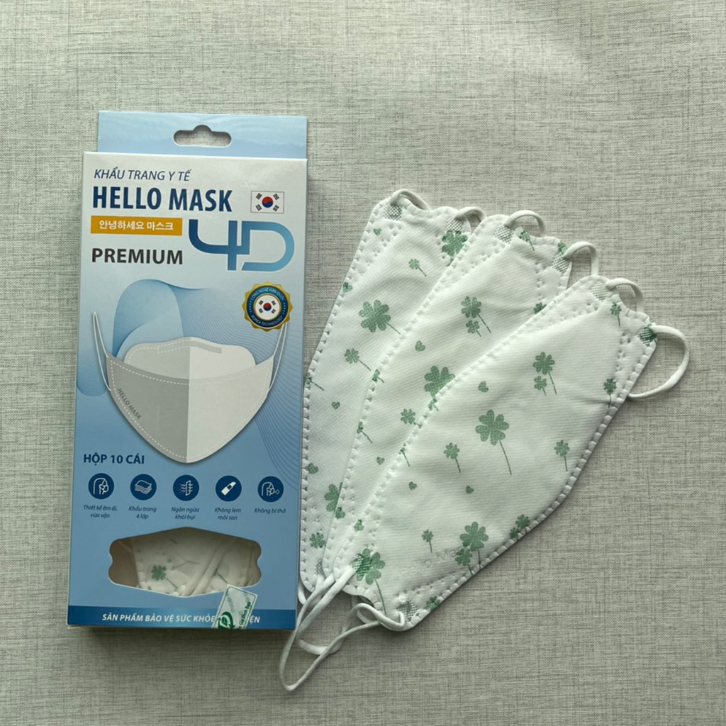 Khẩu trang 4D Hello Mask - Màu hoa xanh - Hộp 10 cái | Không lem son | Không bí thở | Ngăn ngừa khói bụi