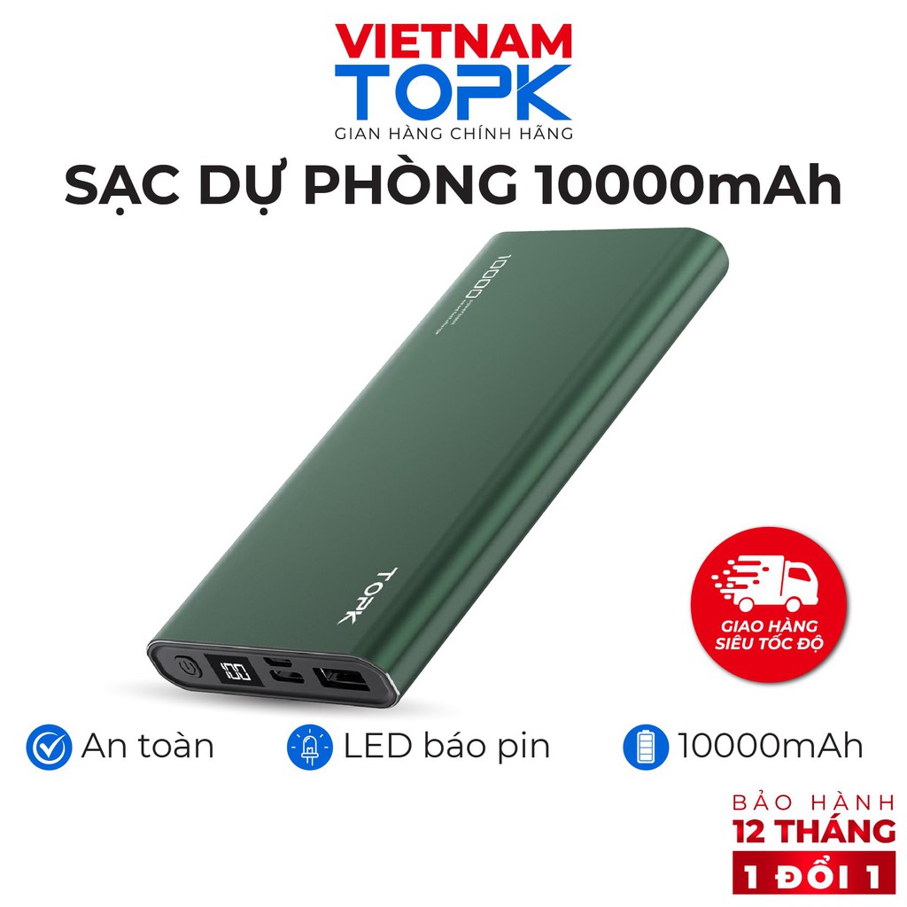 Sạc dự phòng 10000mAh TOPK I1006 - Đầu ra USB sạc ổn định - Màn hình LED - Hàng chính hãng Bảo hành 12 tháng