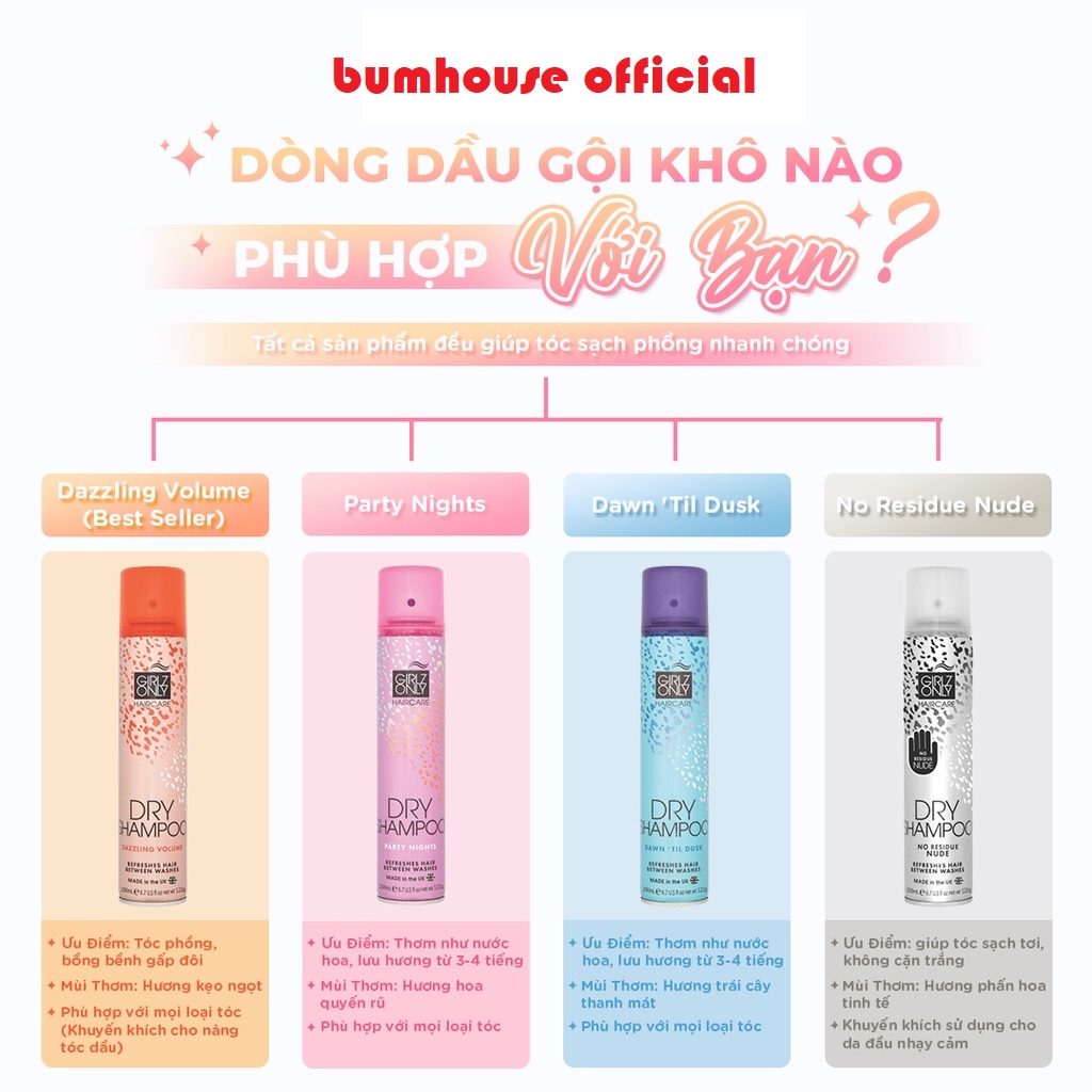 Dầu Gội Khô Girlz Only Party Nights / Dawn 'Til Dusk / Dazzling Volume / No Residue Nude 200ml