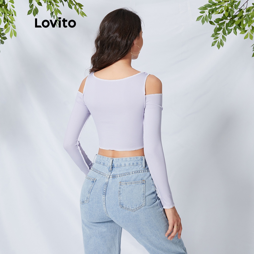  Áo croptop Lovito trễ vai họa tiết kẻ sọc dễ phối đồ L09060 | WebRaoVat - webraovat.net.vn