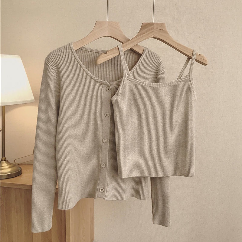 Suspender vest + knitted cardigan women's 2022 new skinny fashion suit autumn blouse