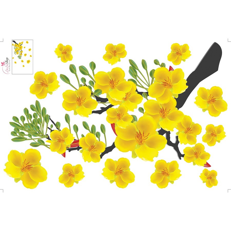 Decal trang trí tết cành mai cành đào đón lộc năm mới - Giấy dán tường cao cấp dán được cả trên tường và kính