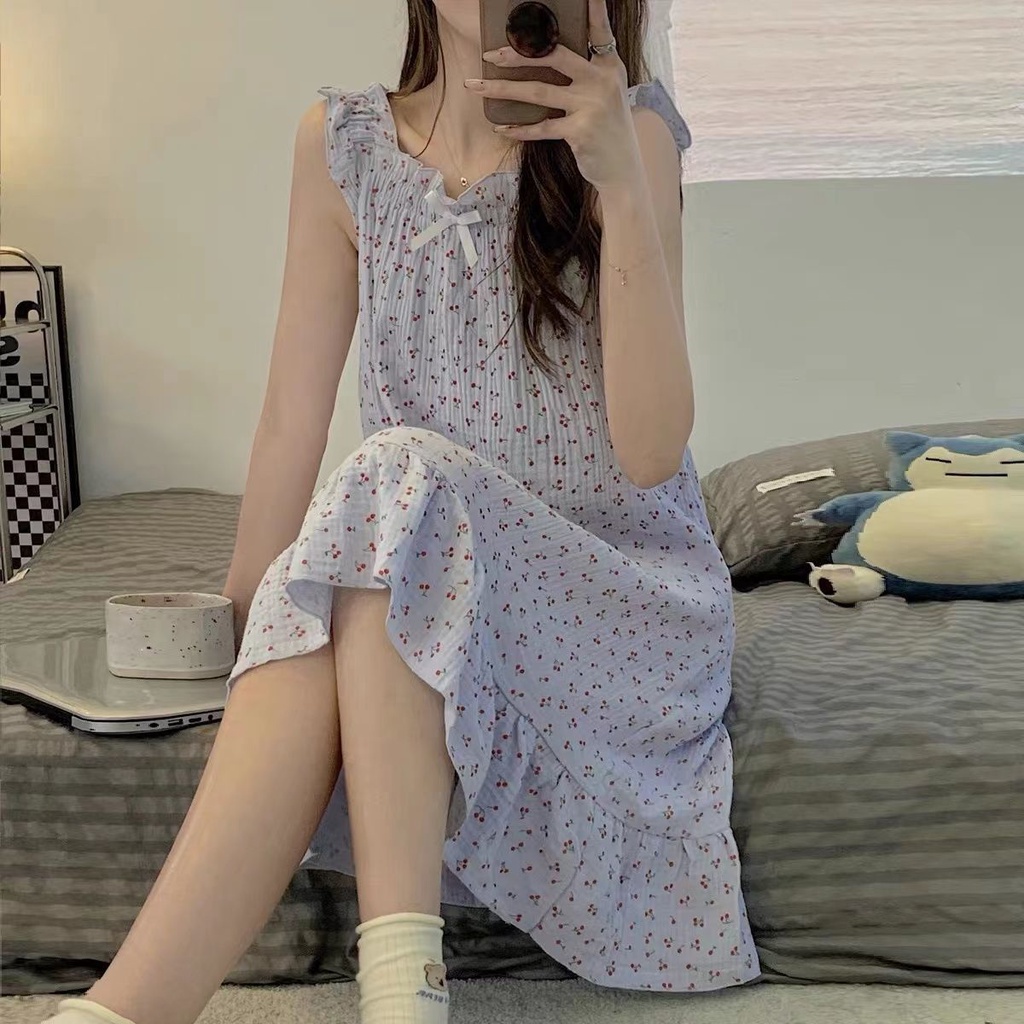 Đầm ngủ hai dây ren dáng dài họa tiết in hình hoa kiểu Pháp mùa hè dành cho nữ