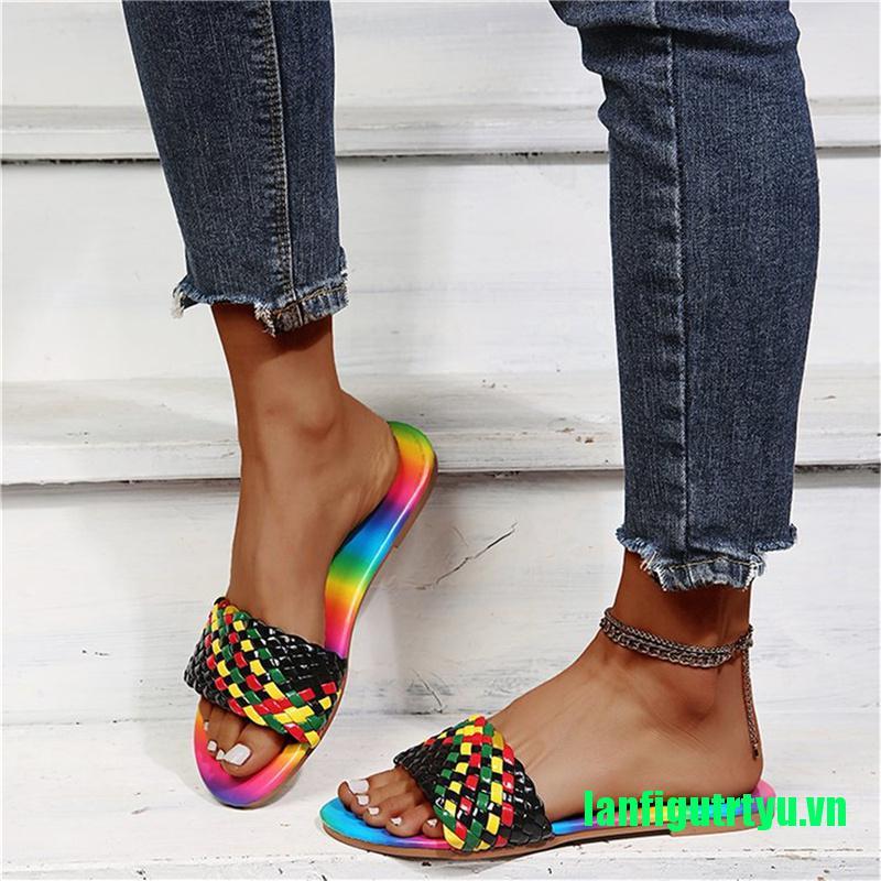 <trtyu>Women Multicolor Slippers Weave Flat Open Toe Slides Outside Beach Shoes