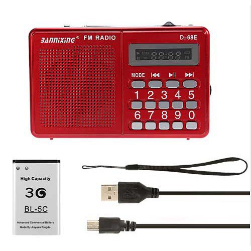 Đài FM Radio Bannixing D-68E kiêm máy nghe nhạc có cổng cắm USB và thẻ nhớ, tặng kèm pin 5C cùng dây sạc