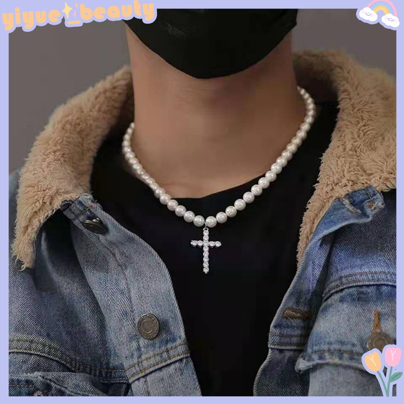 Vòng cổ Mặt Chữ Thập Đính Ngọc Trai Phong Cách Hip Hop Thời Trang Mới Dành Cho Nam Nữ