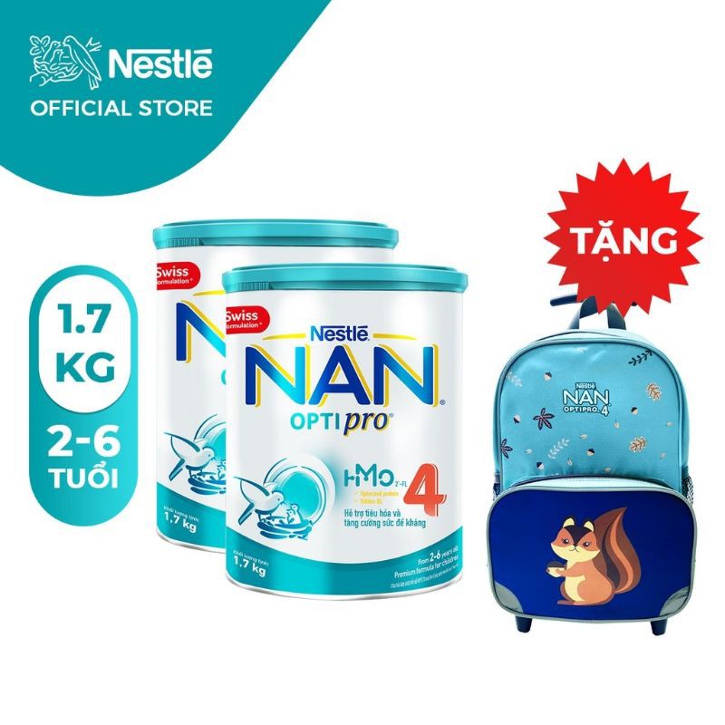 2 lon sữa bột Nan Optipro 4 HM-O 1.7kg tặng vali kéo