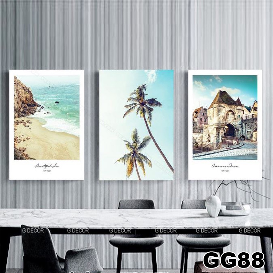 Tranh treo tường canvas 3 bức phong cách hiện đại Bắc Âu 179, tranh cảnh biển trang trí phòng khách, phòng ngủ