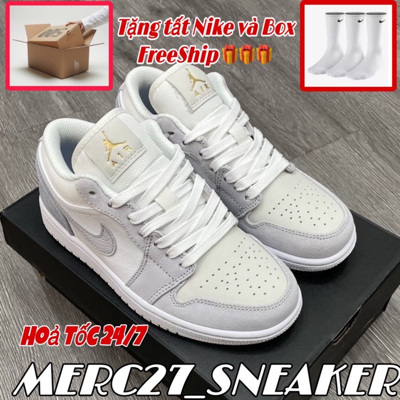 Giày Jordan Cổ thấp, Jd1 Paris Low Trắng Xanh Basic S.Cấp Trung, Tặng Tất và Box Bảo vệ