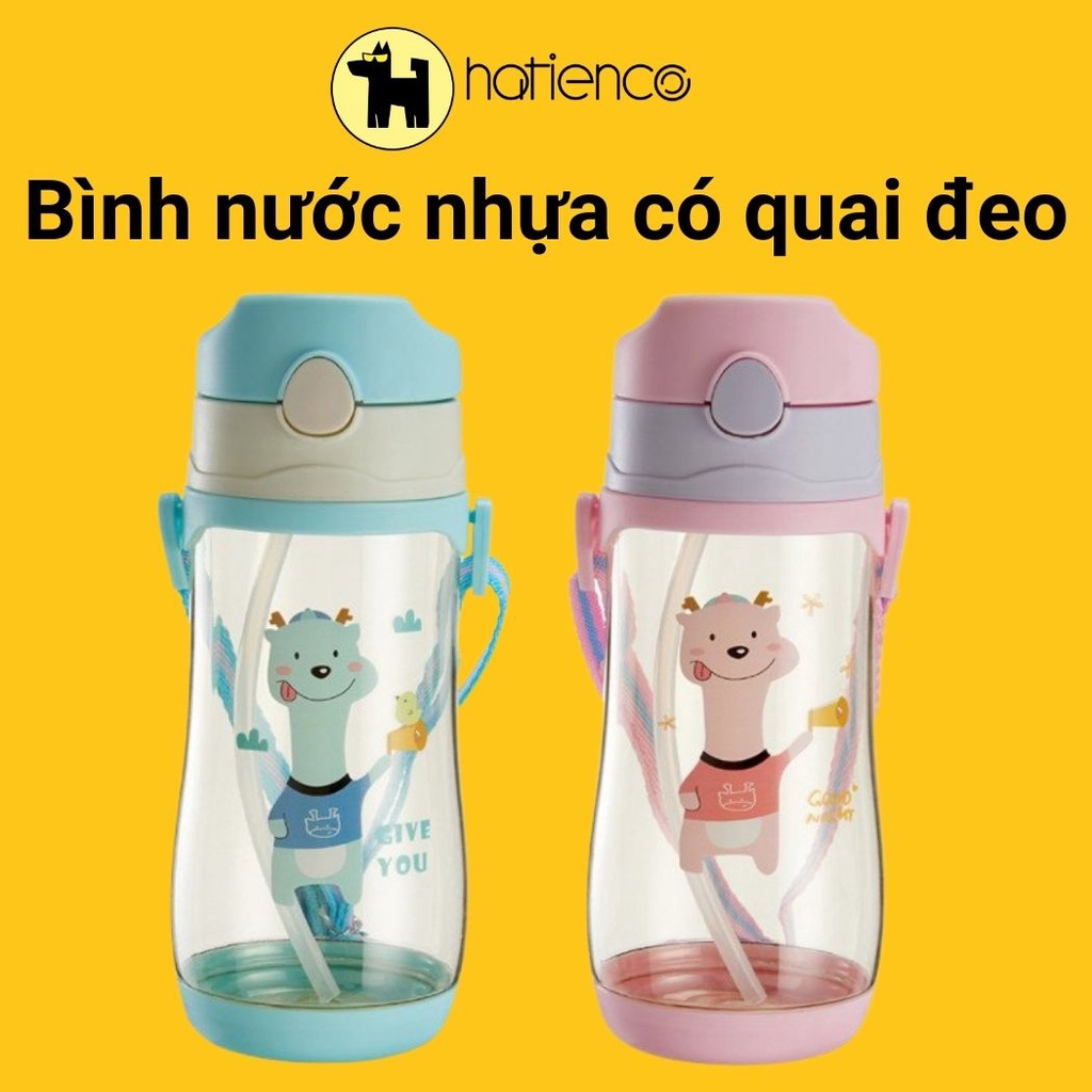 Bình nước nhựa học sinh cao cấp, bình đựng nước có dây đeo, có ống hút