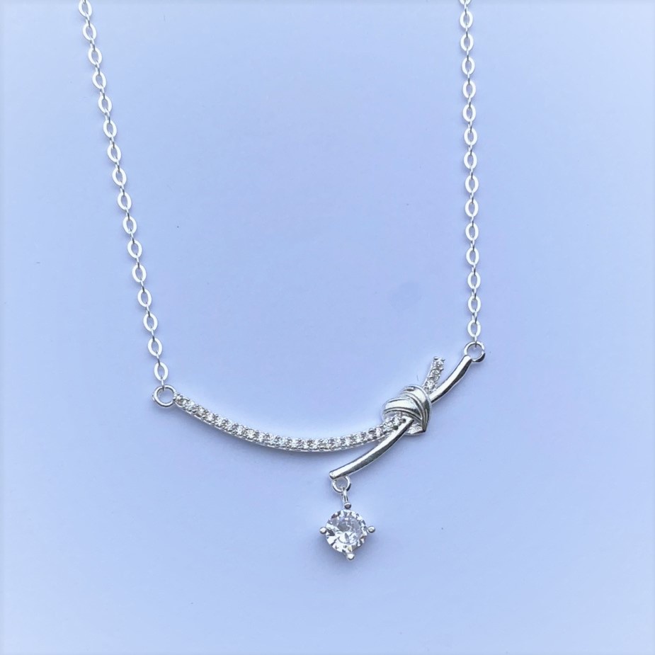 Dây chuyền bạc nữ mặt 2 thanh chéo găn đá thời trang, vòng cổ chất liệu chuẩn bạc ta nữ tính