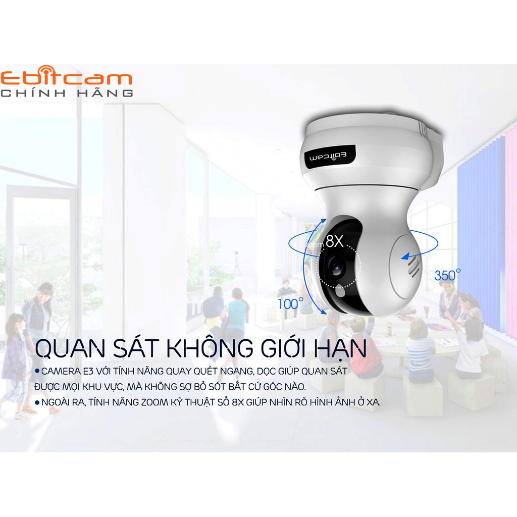 Camera IP Wifi Ebitcam E3 phân giải 4.0MP 2602x1472 siêu nét hồng ngoại ban đêm (Trắng) + Kèm thẻ NTC 64GB chuyên CAM