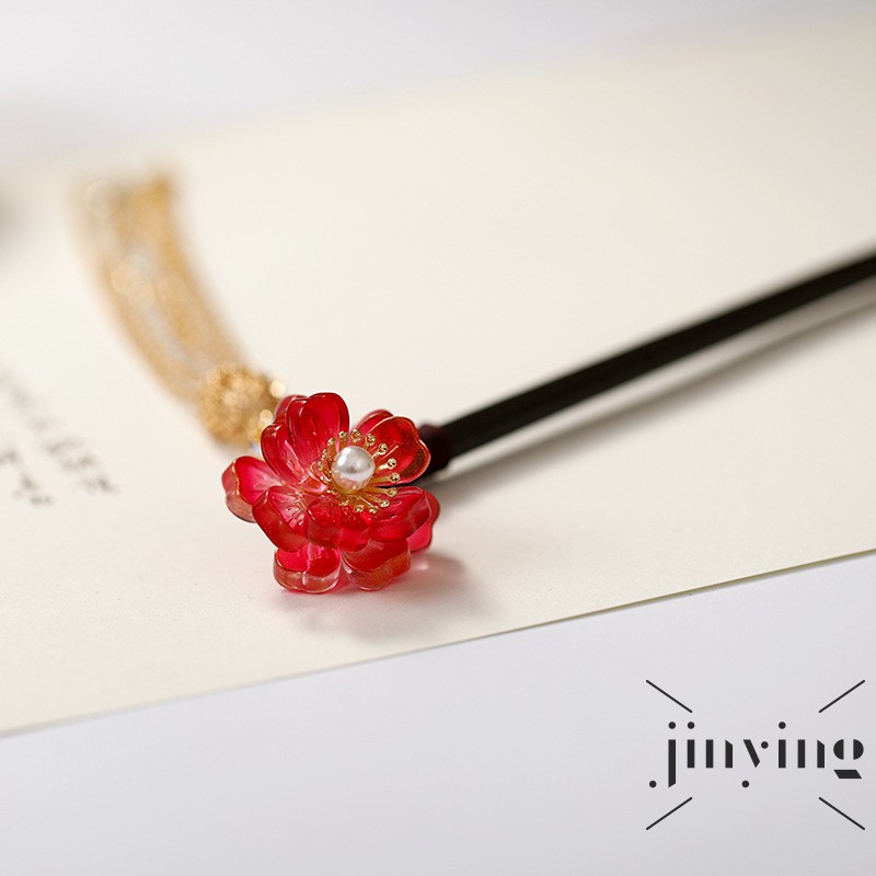 Trâm cài tóc GETNOIVAS hình hoa pha lê đỏ phối tua rua phong cách cổ trang Trung Hoa