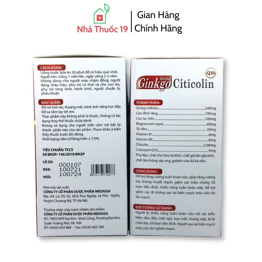 Hoạt Huyết Dưỡng Não Ginko Citicolin Giúp Hoạt Huyết, Tăng Cường Lưu Thông Máu, Tăng Cường Trí Nhớ Hộp 100 viên