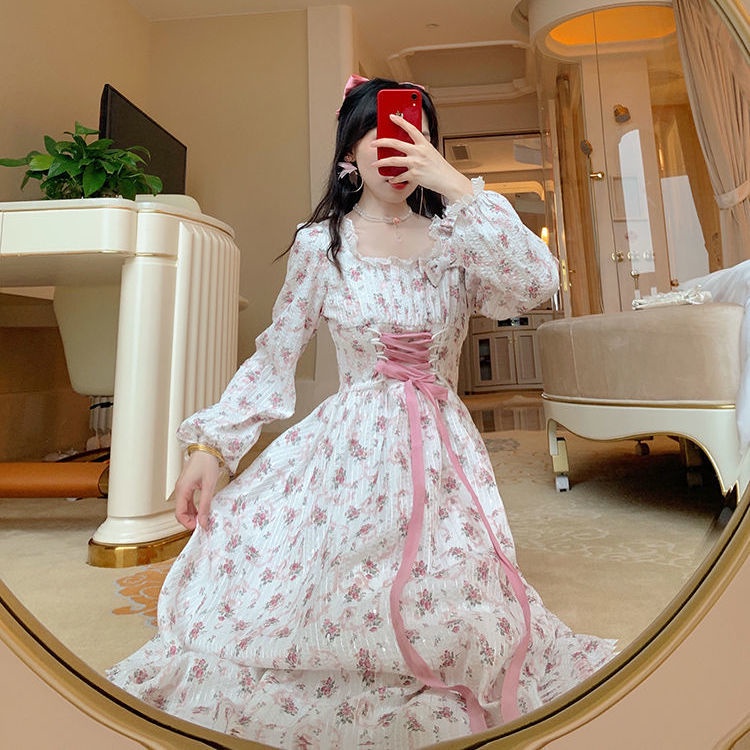 Đầm Dài Lưng Cao Thắt Nơ Họa Tiết Hoa Đào Phong Cách Pháp Thời Trang Mùa Hè Cho Nữ