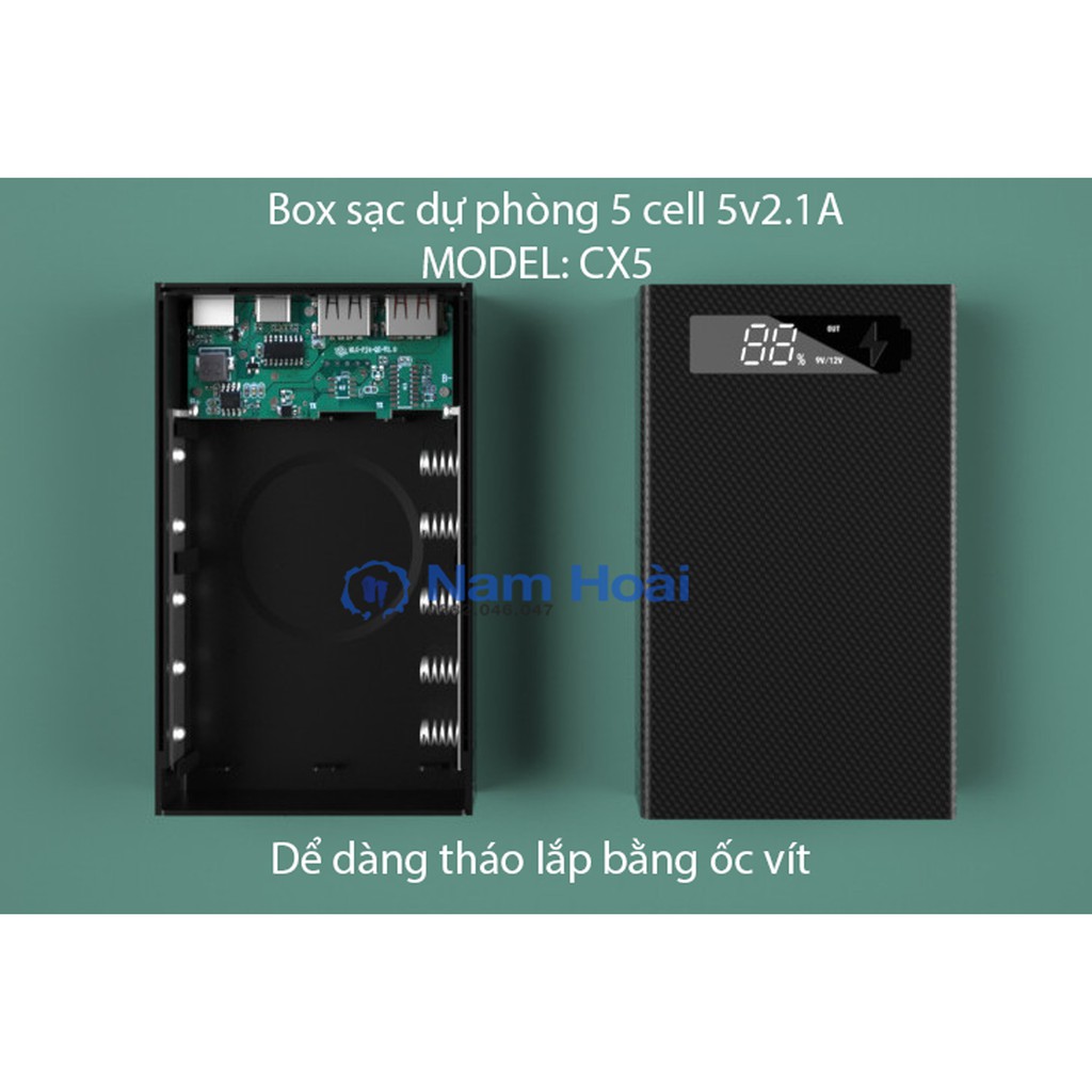 Box sạc dự phòng 5 cell 5V2.1A - Dể dàng tháo lắp bằng ốc vít - (MODEL: CX5)