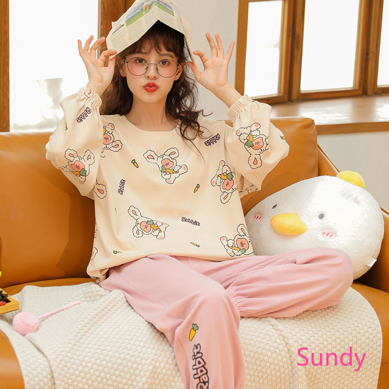 Bộ Quần Áo Ngủ Tay Dài Dáng Rộng Chất Cotton Mềm Mại Trẻ Trung Hợp Thời Trang